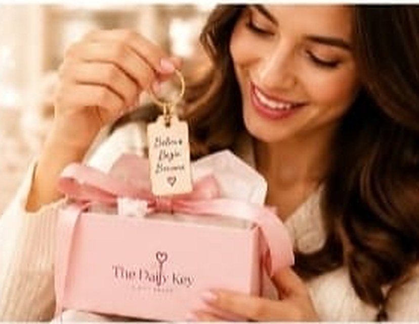A smiling woman lifting a keychain tag from a blush gift box